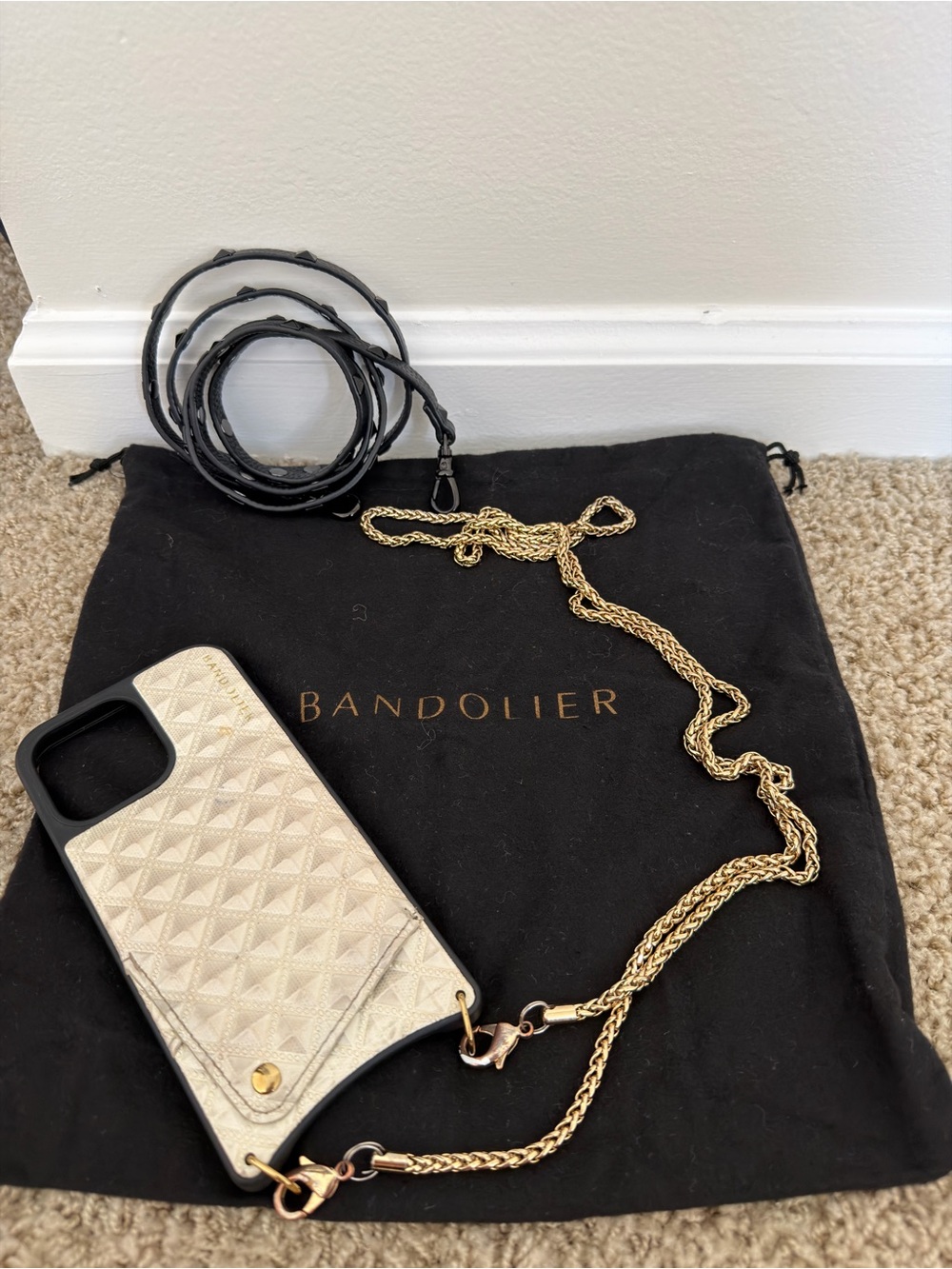 Bandolier Sheila iPhone 14 Pro Max Phone Case with Gold Chain + Black Strap